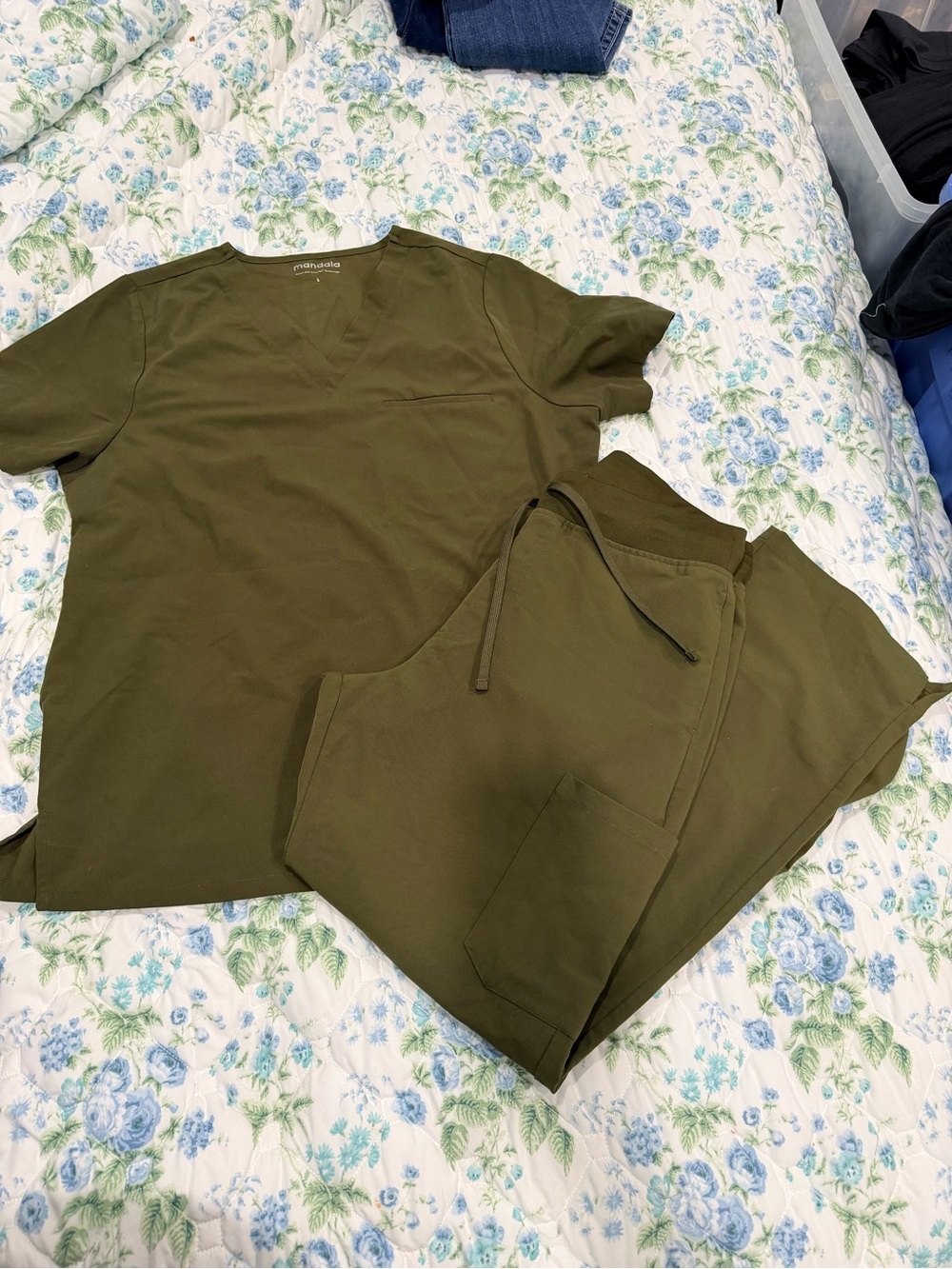 Mandala scrub set in Olive, top is a large, pant is a PETITE medium